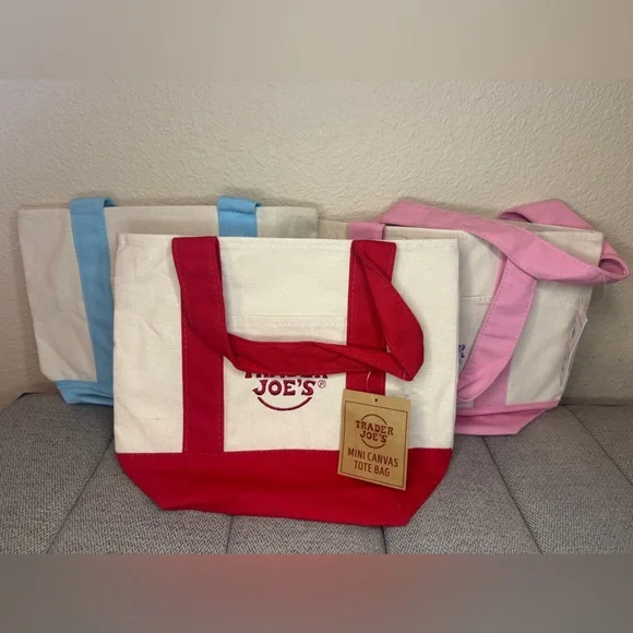 Trader Joe’s Mini Canvas Tote Bags— 2 Pastels (Pink & Blue) + 1 Red (3 total) - Picture 7 of 11